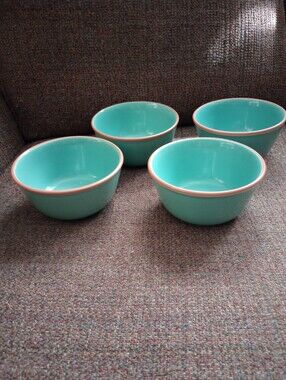 Bobby Flay Turquoise With Tan Rim Stoneware Soup/Cereal Bowls- Set of 4